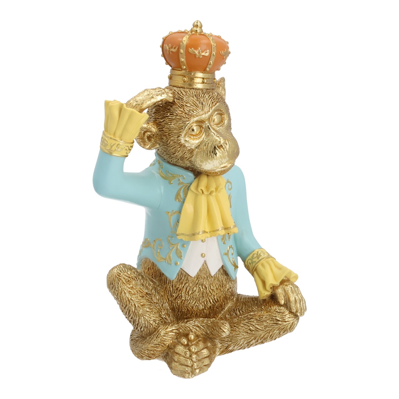 affenfigur, goldene affe, krone, blauer mantel, dekorative skulptur