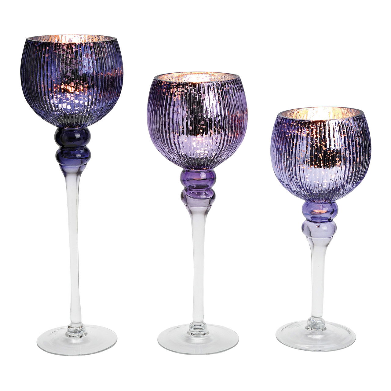 Photophore Set Calice cannelé, en verre Lilas, argent Set de 3, (L/H/P) 30, 35, 40cm x Ø13cm Photophore Set Calice cannelé, en verre Lilas, argent Set de 3, (L/H/P) 30, 35, 40cm x Ø13cm