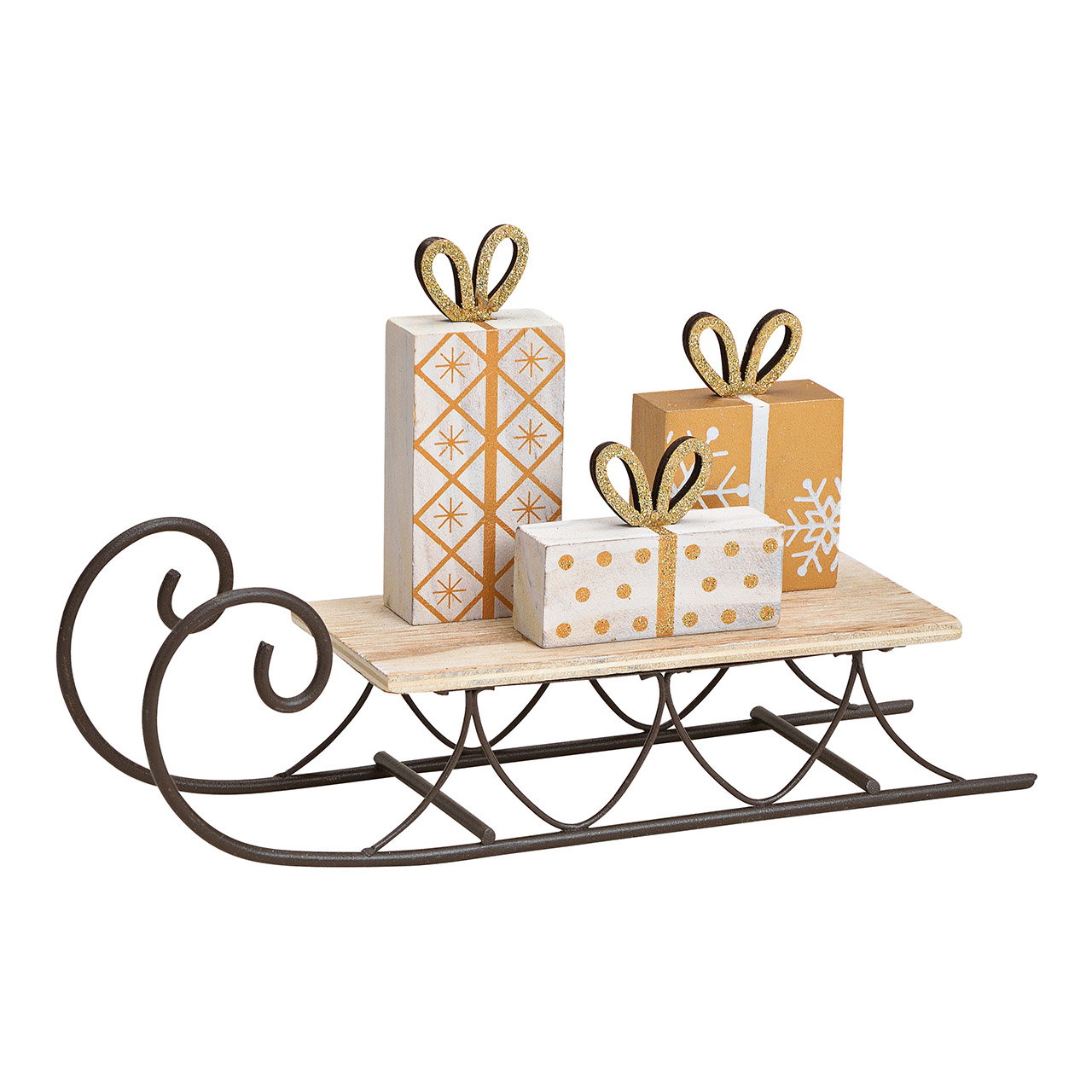 Schlitten mit Geschenkpäckchen aus Holz/Metall Gold (B/H/T) 22x14x6cm Schlitten mit Geschenkpäckchen aus Holz/Metall Gold (B/H/T) 22x14x6cm