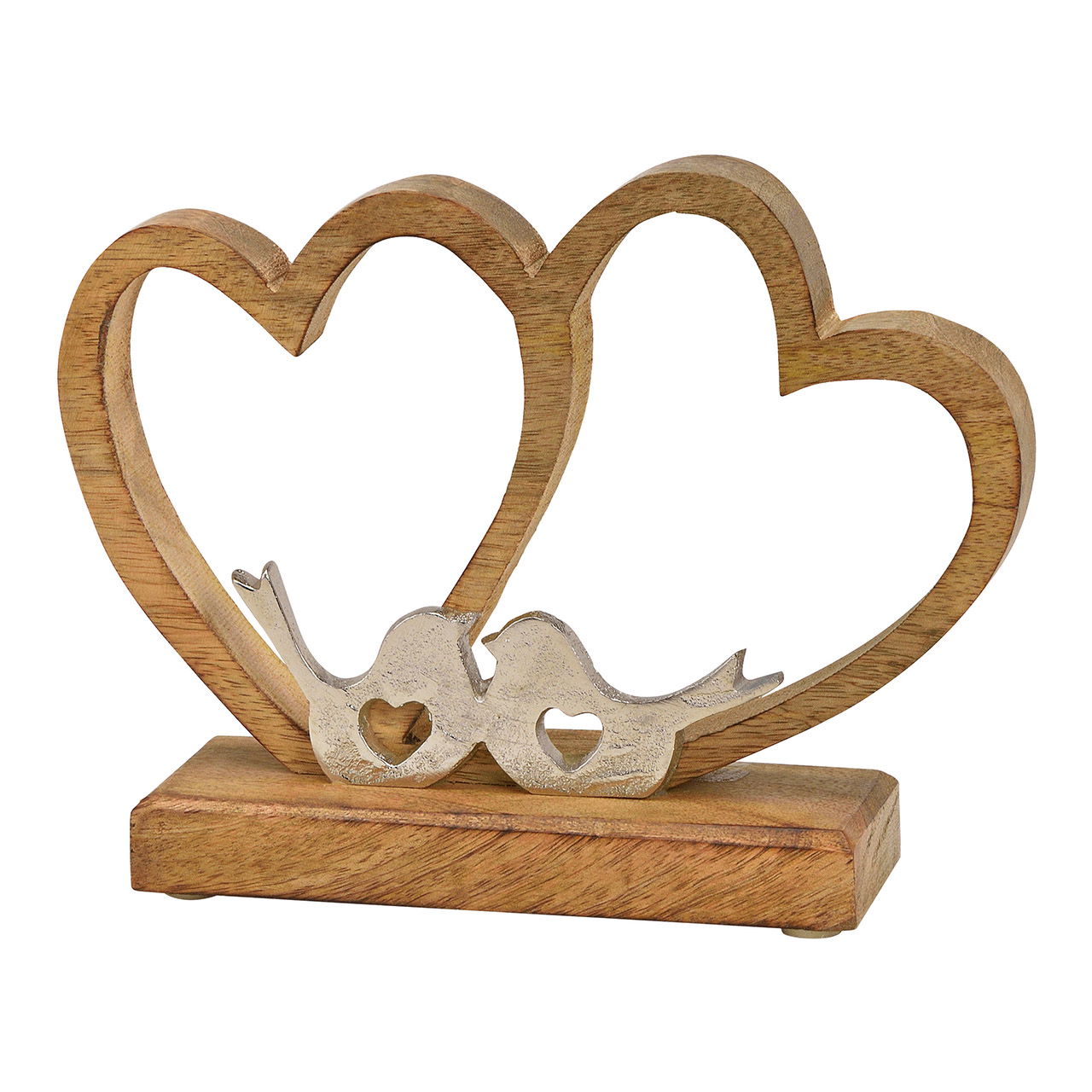 Espositore doppio cuore con uccello in metallo in legno marrone (L/H/D) 16x20x6cm