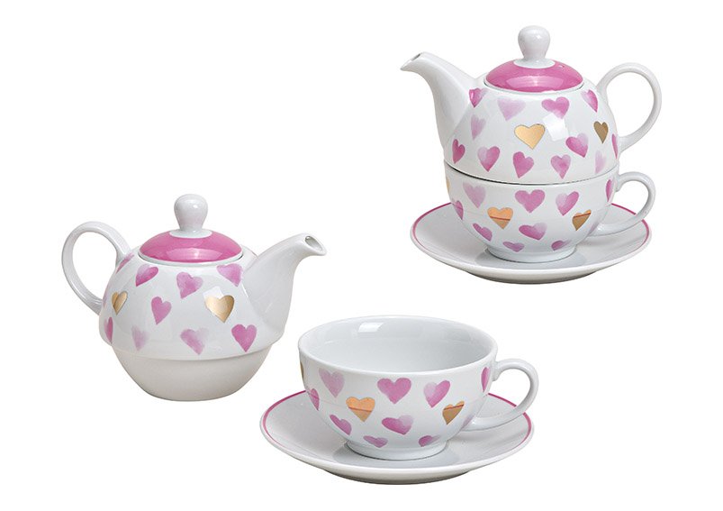 Tea for one set heart decor, porcelain, white pink gold, set of 3, 16x15x15cm 400ml/200ml