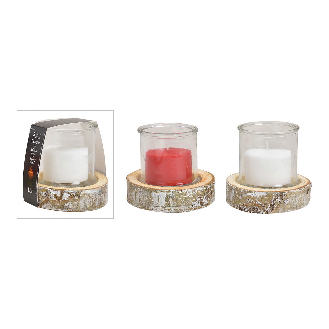 Set di luci a vento, 3 in uno, vetro 13x13cm Base in legno, 16x4x16cm, candela 8,8x6cm in vetro bianco, rosso, 2 pieghe, (L/H/D) 15x16x15cm