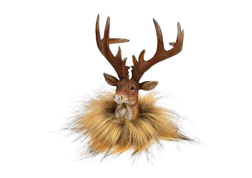 Deer head with faux fur from poly brown (W/H/D) 14x16x14cm