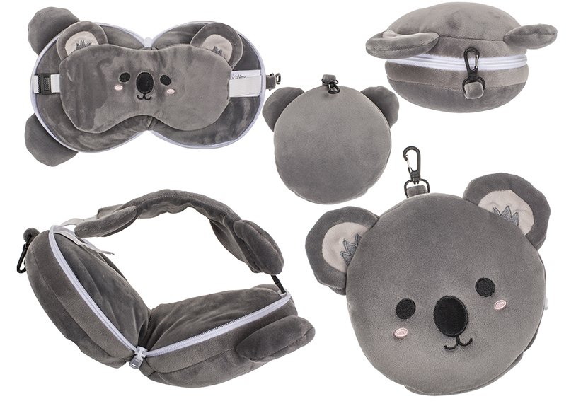 Cuscino da viaggio in peluche per bambini con maschera per gli occhi Koala in tessuto grigio (L/H/D) 15x18x10cm
