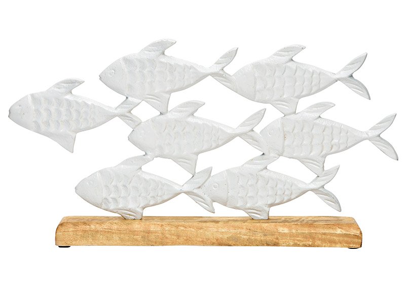 Display Fish Shoal sobre base de madera de mango, de metal blanco (A/H/D) 38x21x5cm