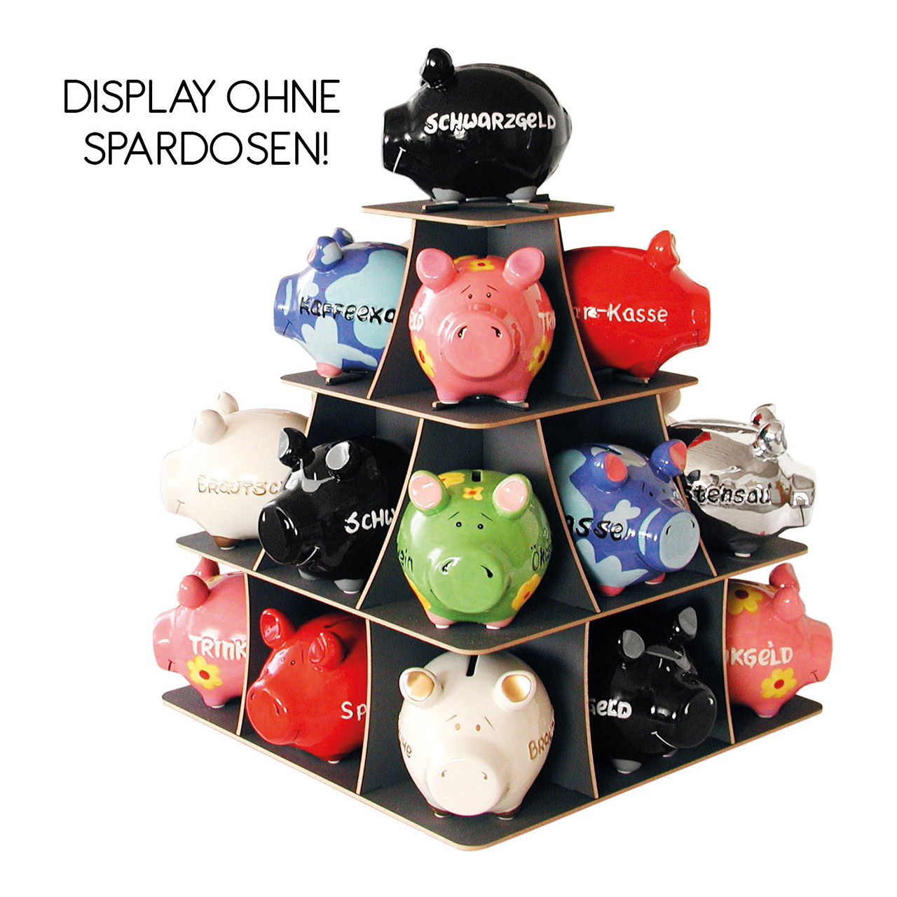 Sparschwein Company Best of Pyramidendisplay Kleinschwein-Einsatz mit Header für 28 Kleinschweine aus Holz, Schwarz Sparschwein Company Best of Pyramidendisplay Kleinschwein-Einsatz mit Header für 28 Kleinschweine aus Holz, Schwarz