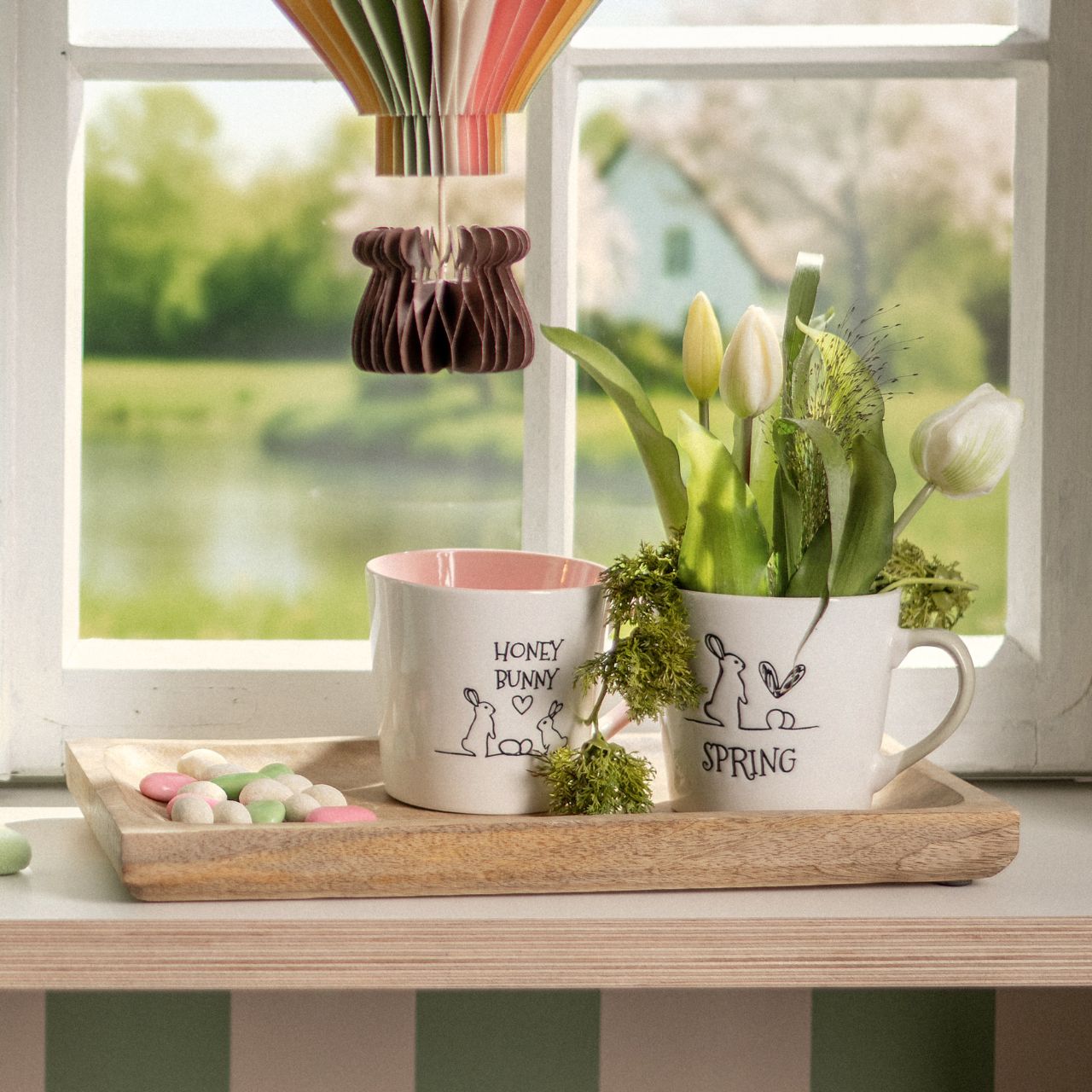 Tazza Jumbo in porcellana, 2 pieghe, rosa/verde (L/H/D) 14x10x11cm 510ml Fenster, Fensterbank, Pflanze, Tasse