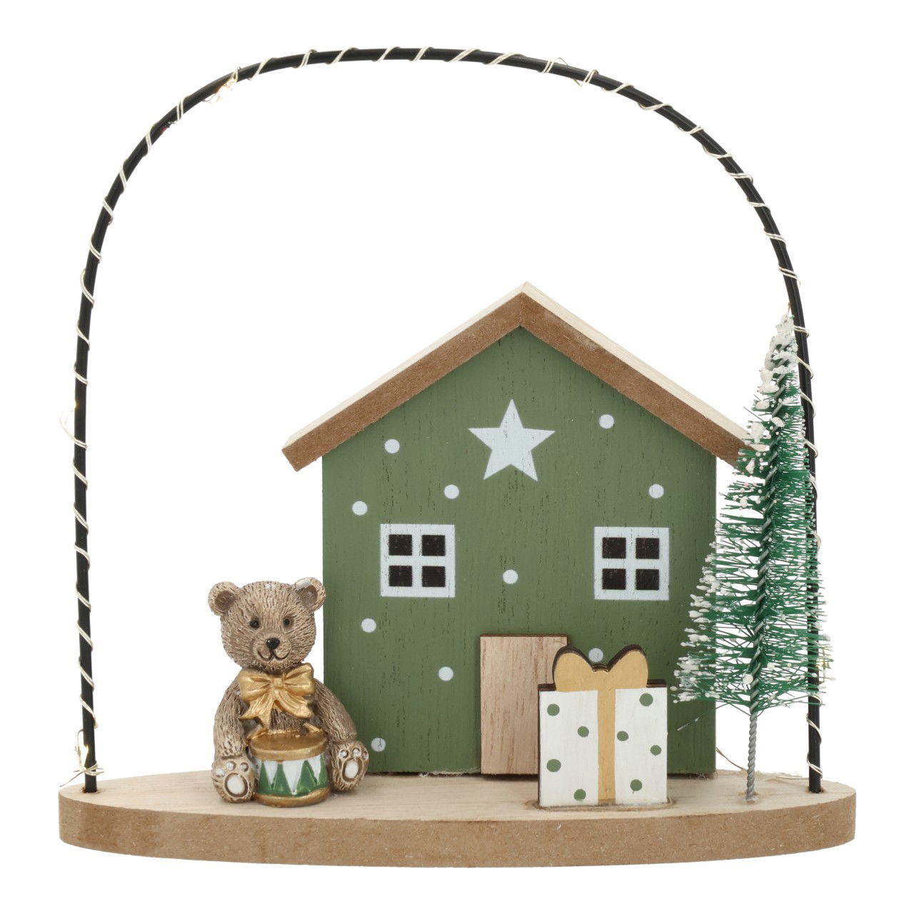 Maisons d'hiver LED en bois/métal vert (L/H/P) 14x14x4cm excl. 1xCR2032 Tier, Bär, Säugetier, Tierwelt