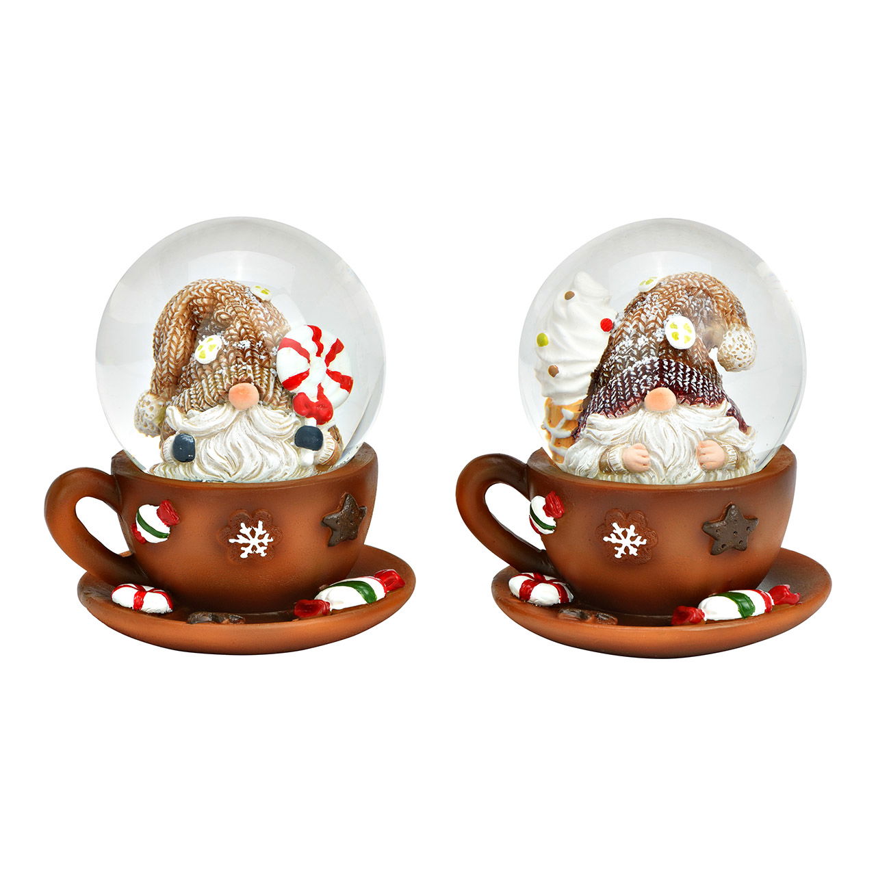 Schneekugel Wichtel auf Tasse Weihnachtsmotiv aus Glas/Poly, 2-fach, Braun (B/H/T) 8x8x7cm