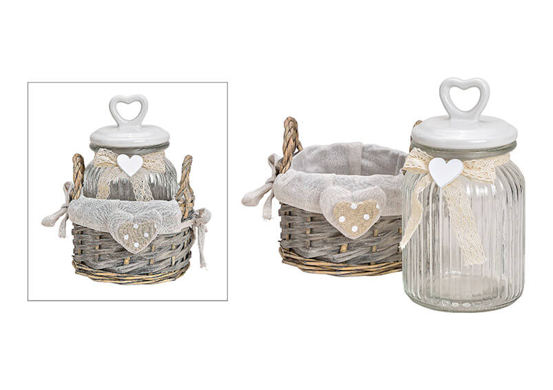 Vorratsdose im Weidenkorb aus Glas Transparent, mit Keramik Herz Deckel 2er Set, (B/H/T) 15x21x14cm