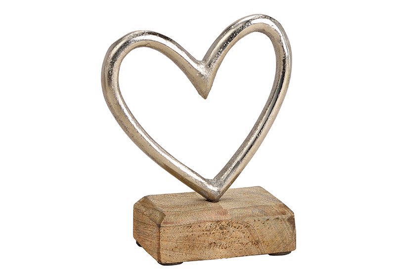 Aufsteller Herz auf Holzsockel aus Metall Silber (B/H/T) 11x13x5cm