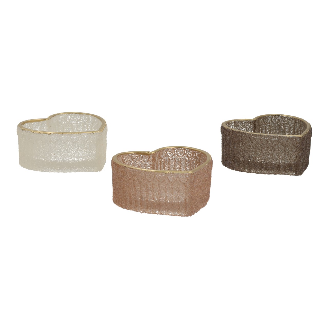 Portavelas de cristal en forma de corazón, color beige, surtido de 3 unidades (An/Al/Pr) 9x4x9 cm Armband, Glitzer, Spitze, Rosa/gold/braun (Farbtöne), Gummi/Glasur-Finish