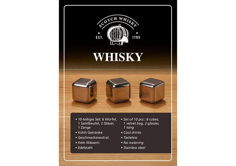 Whisky Eiswürfel Set aus Edelstahl, 2,7cm, 6 Würfel mit 2 Gläser 9x8x9cm, 300ml, inkl. Zange + Samtbeutel, in Holzbox 23,9x10x21,7cm