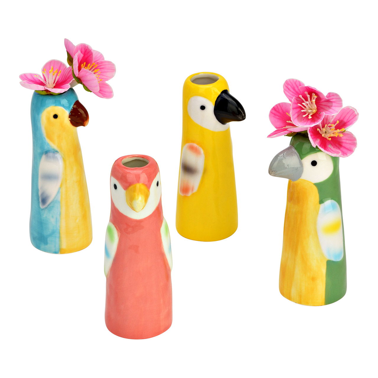 Jarrón de porcelana loro, cuádruple, amarillo/rosa/verde/azul (A/A/A) 5x10x4cm Krug, Töpferei, Vase, Figur, Kunsthandwerk