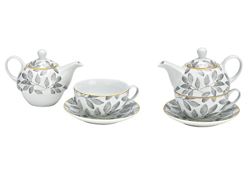 Teapot set leaf decor set of 3, made of porcelain white, gray (W/H/D) 16x15x15cm 400/200ml