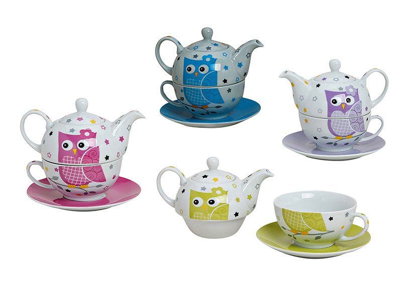 Teapot set 3part owl porcelain 4-ass.