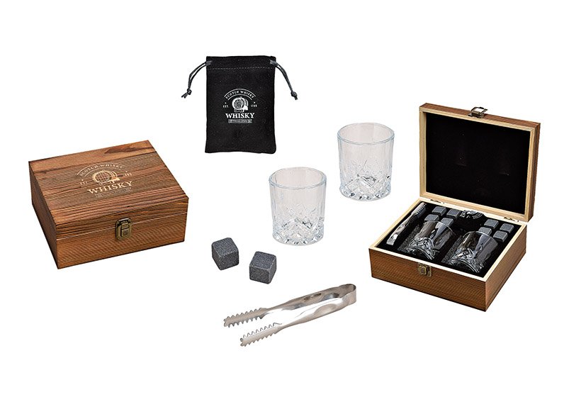Whisky Stein Set, Eiswürfel aus Basalt Stein 2x2x2cm, 2 Gläser 9x8x9cm, 300ml, eine Zange Grau 8er Set, in Holzbox (B/H/T) 23,7x10x20,2cm