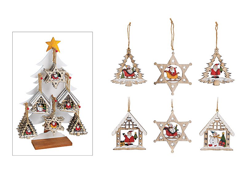 Christmas hanger, tree, house, star, santa, snowman design, on tree display, made of wood, 6 ass. 10x10cm