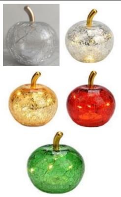 Apple with 5pcs LED made of glass with timer colorful 5-fold, transparent, silver, gold, red, dark green (W/H/D) 7x9x7cm 8pcs transparent ,5pcs silver , 5pcs gold , 3pcs red , 3pcs dark green = 24 pcs/ innerbox 1 pc/bubble bag