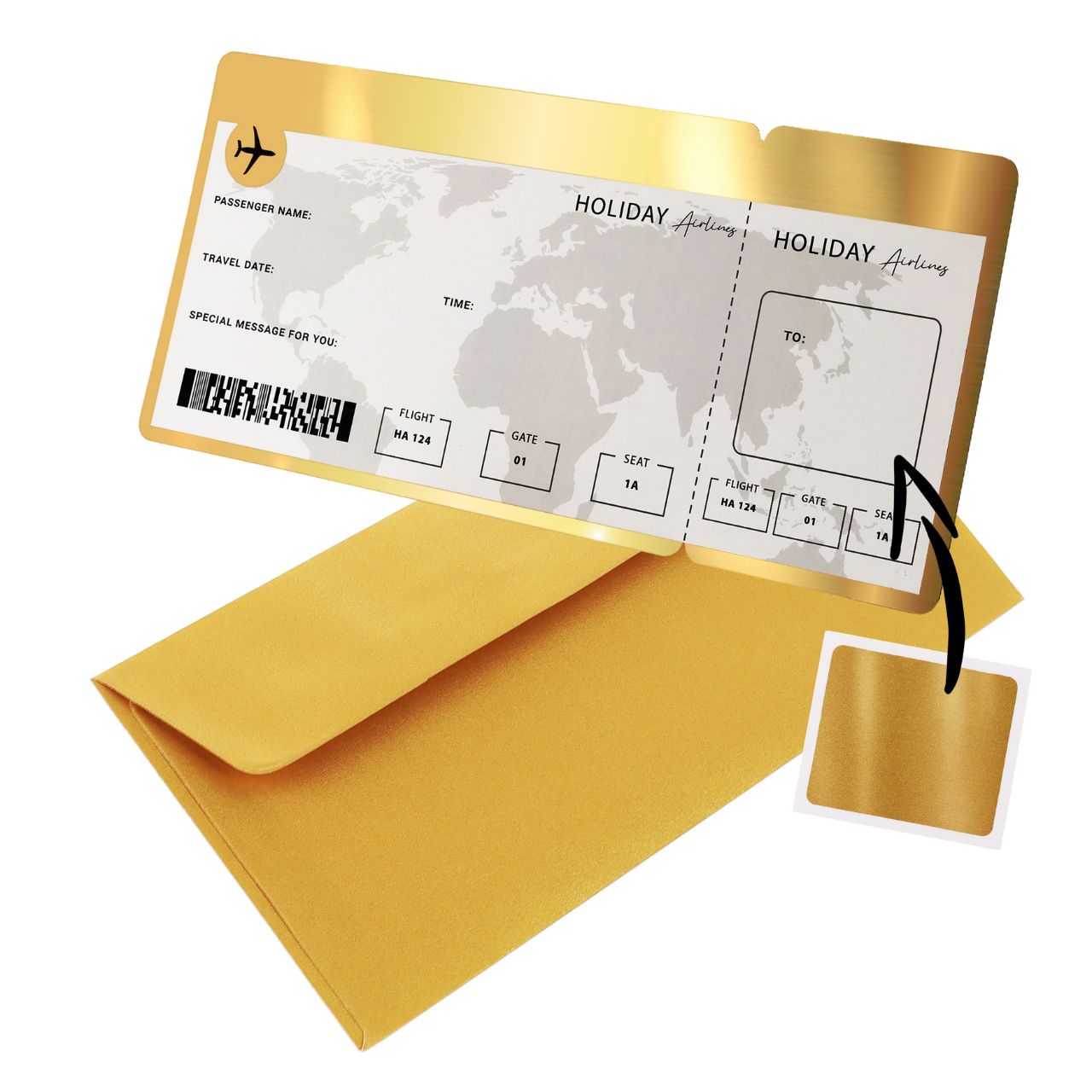 gold, golden card, airline ticket, envelope, airport ticket