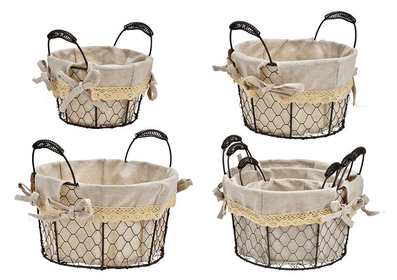 Basket set of 3, made of metal/textile beige (W/H/D)18x18x18cm, 23x20x23cm, 26x23x26cm