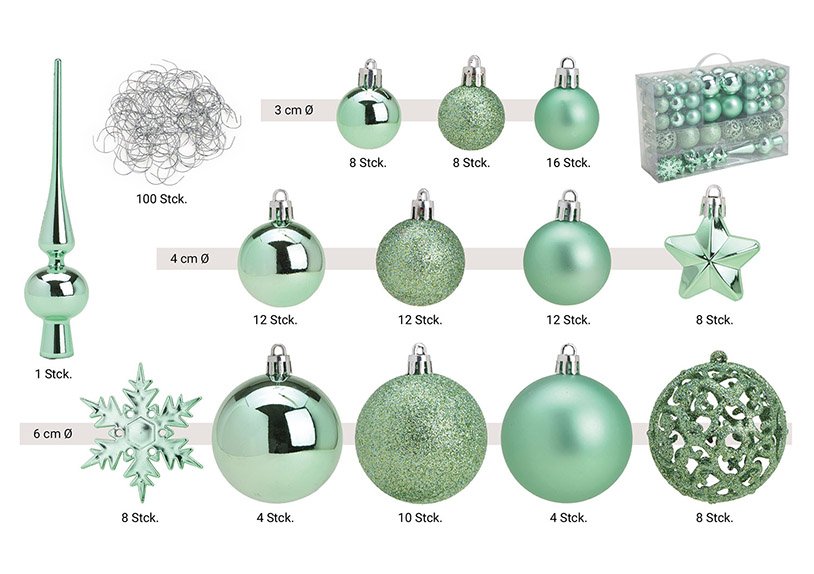 Plastic Christmas ball set mint green, set of 111, (W/H/D) 23x35x12cm Ø3/4/6cm