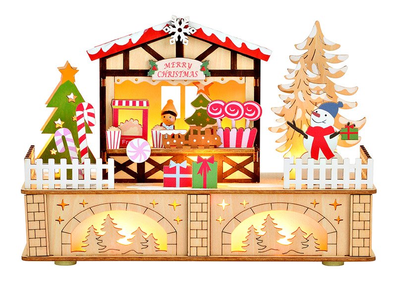 Winter scene market stall with LED, battery operation 2xAA not included, double function battery box with timer, made of wood colorful (W/H/D) 25x18x8cm