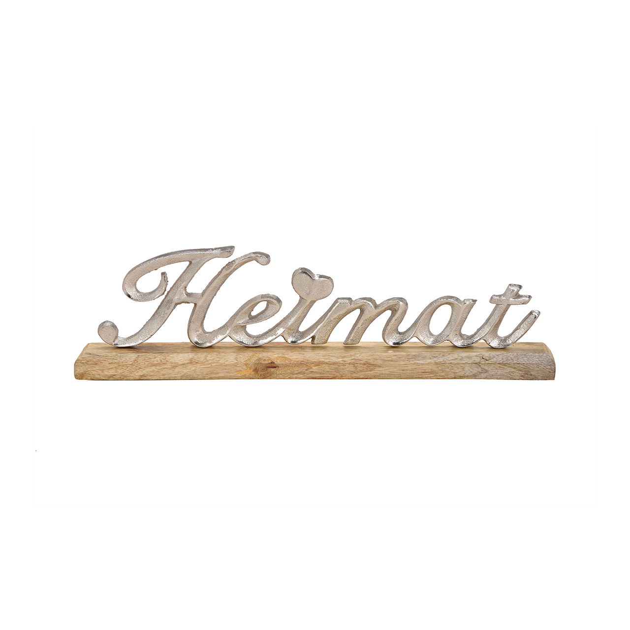 Displaystandaard belettering HEIMAT van metaal op mangohouten voet zilver, bruin (B/H/D) 40x12x5cm