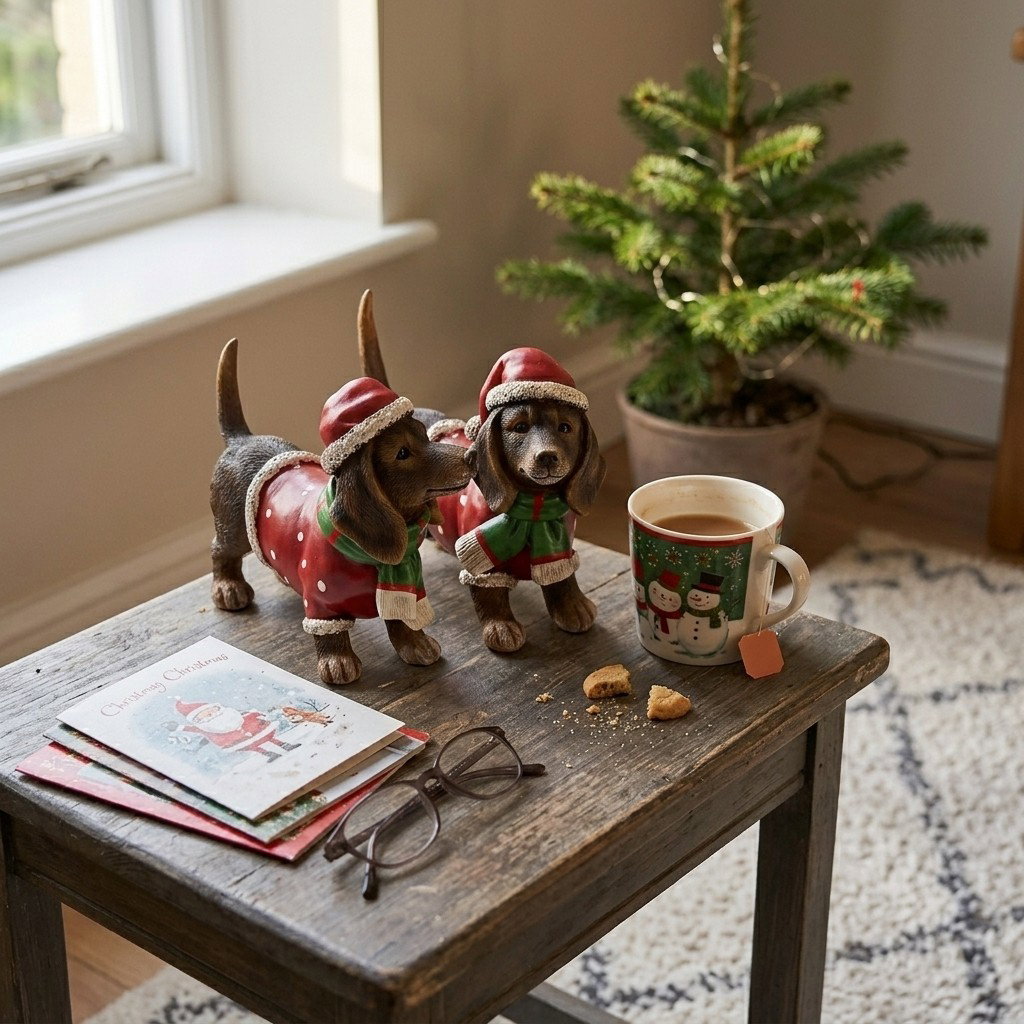 Cane con cappello natalizio in polietilene marrone 2 pieghe assortite (L/H/D) 20x13x6cm Dekohunde, Weihnachtsszene, Tischdeko, Kaffeetasse, Weihnachtsbaum