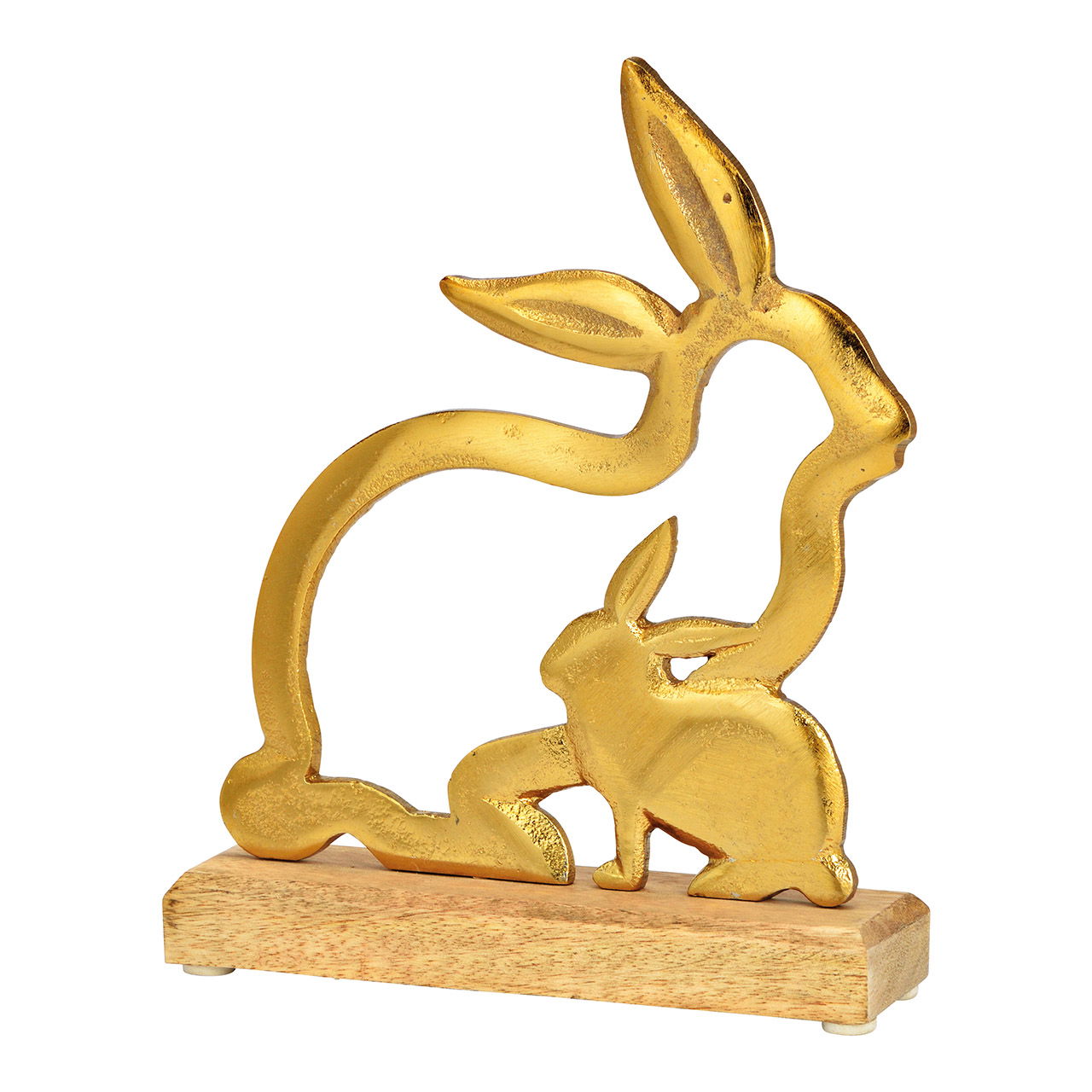 Aufsteller Hase auf Mangoholz Sockel aus Metall gold (B/H/T) 18x22x5cm