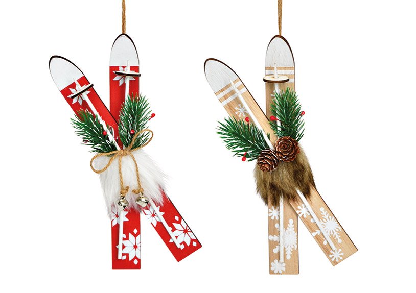 Pendentif Noël skis en bois, plastique, peluche nature, rouge 2 fois, (L/H/P) 7x20x3cm