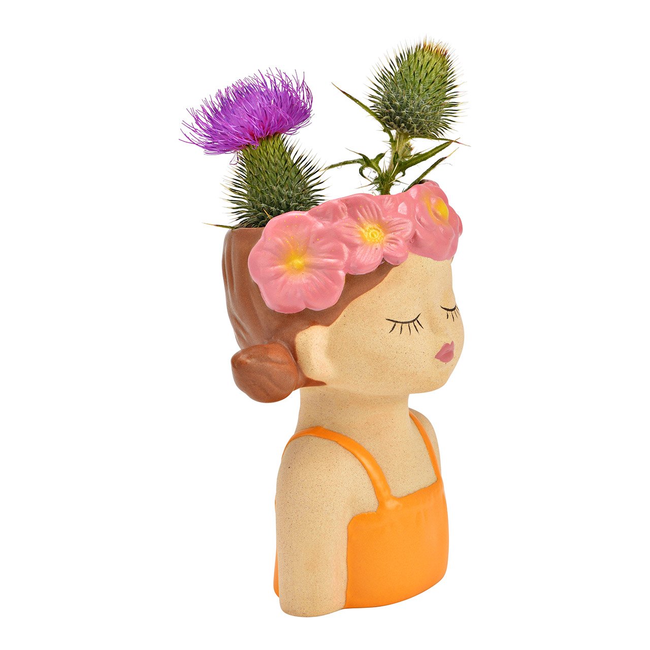 Blumentopf Blumenmädchen aus Steingut Beige/Orange/Pink (B/H/T) 11x12x7cm