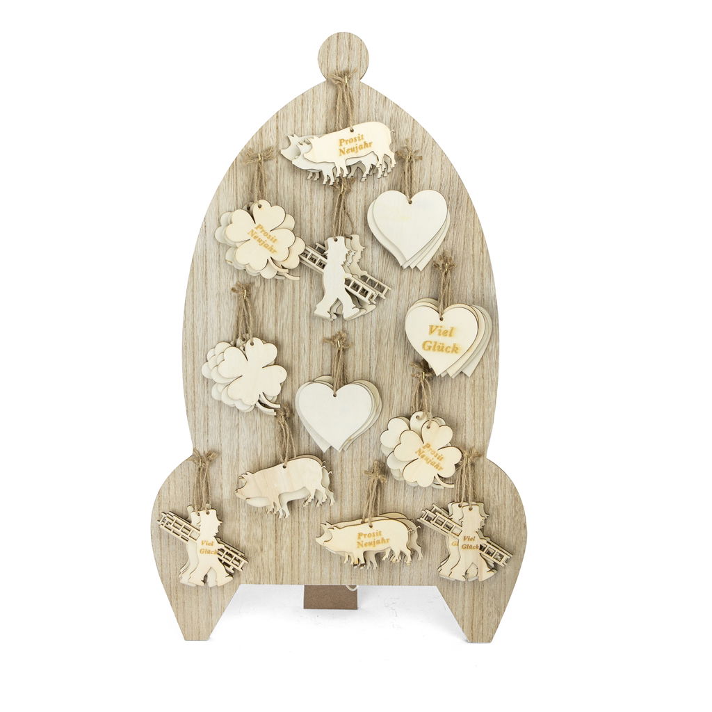 Présentoir SILVESTER Pendants 4 motifs assortis, bois, 7-9cm, 72 pcs / Dspl, naturel, @ Moebel
