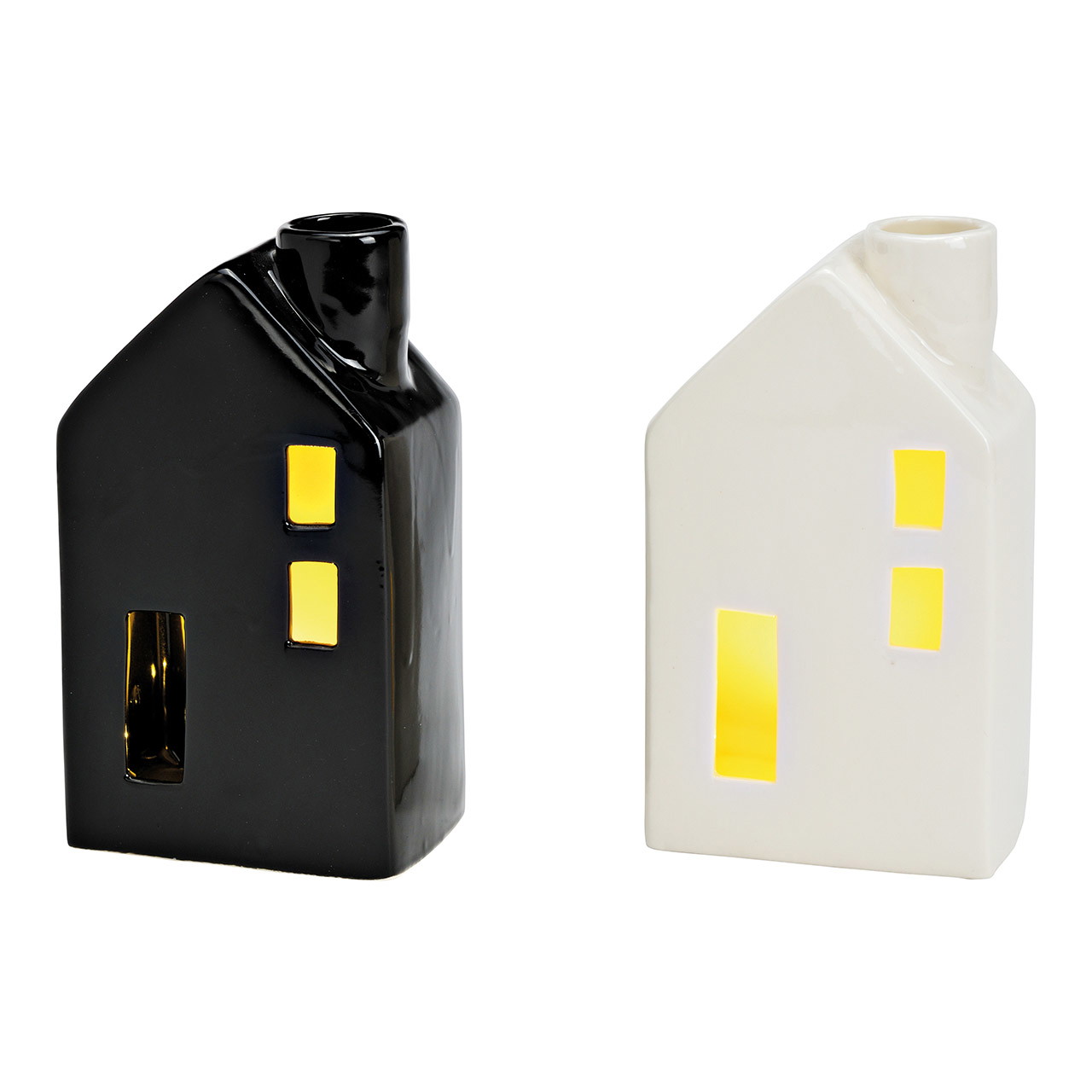 Castiçal em forma de casa com luz, alimentado a pilhas 3xLR44 (não incluídas), em porcelana branca e preta, com 2 compartimentos, (L/A/P) 8x14x6 cm Flasche