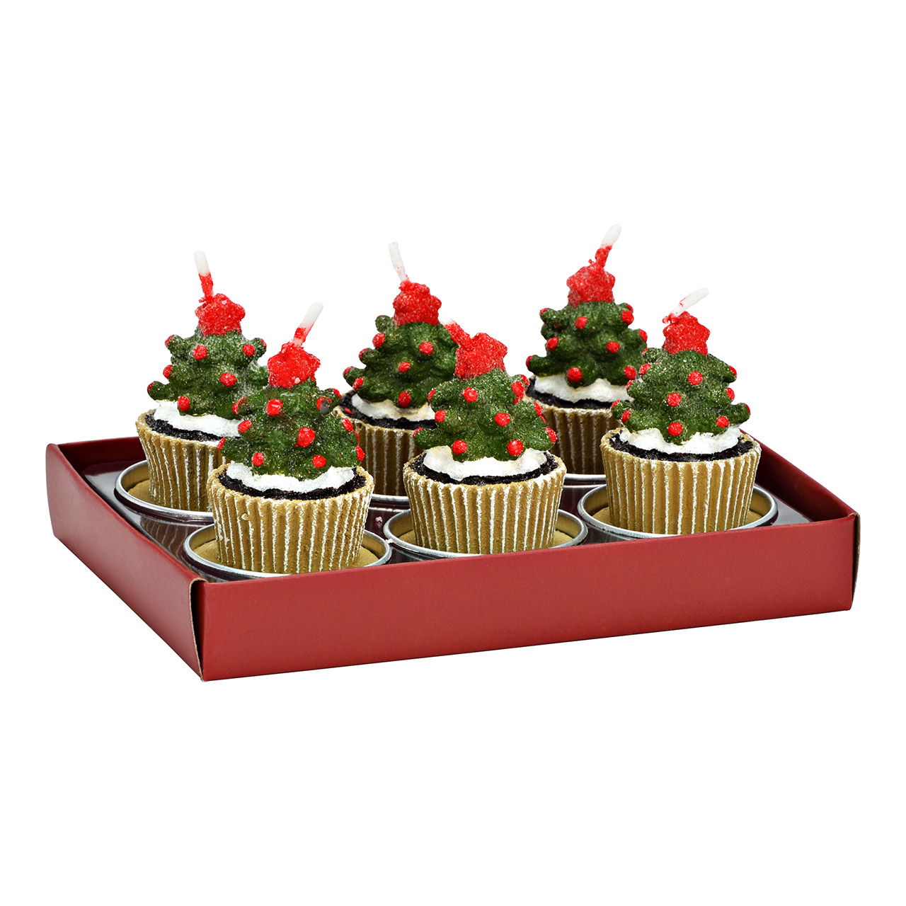 Set di tealight albero di Natale muffin 4x6x4cm in cera, set di 6, verde (L/H/D) 14x7x9cm Set di tealight albero di Natale muffin 4x6x4cm in cera, set di 6, verde (L/H/D) 14x7x9cm