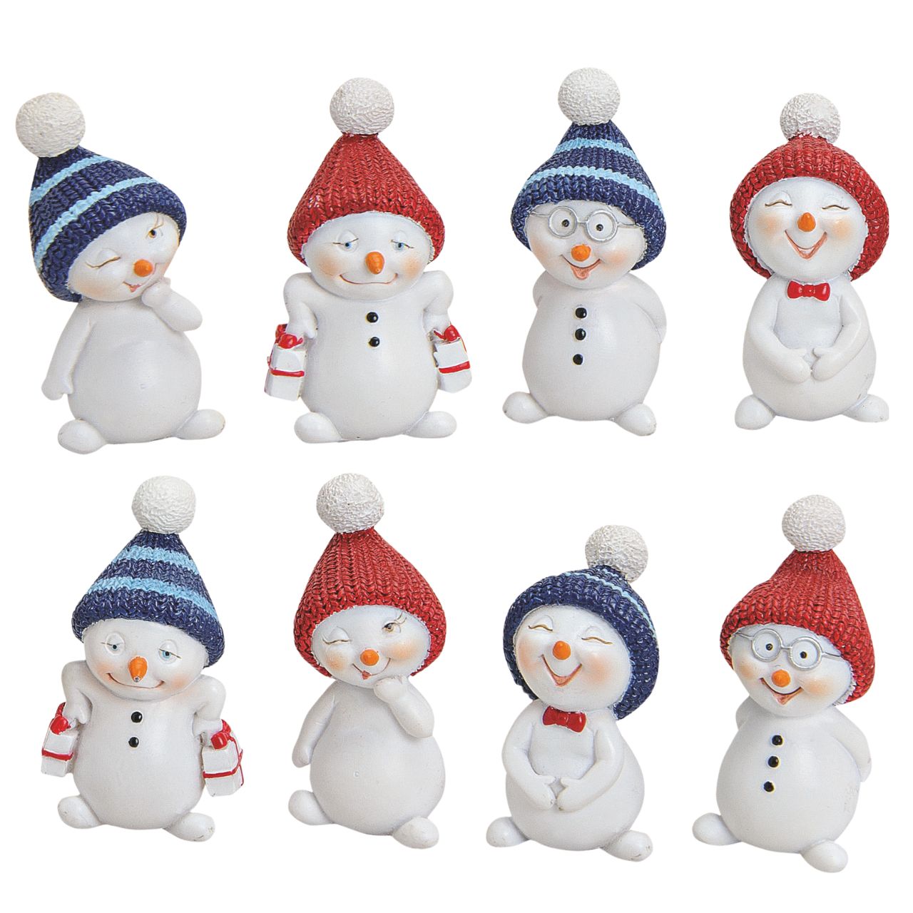 Schneemann aus Poly, 8-fach sortiert, 3x5x3,5cm Schneemann, Winterdeko, Figur, Kleidung, Mütze