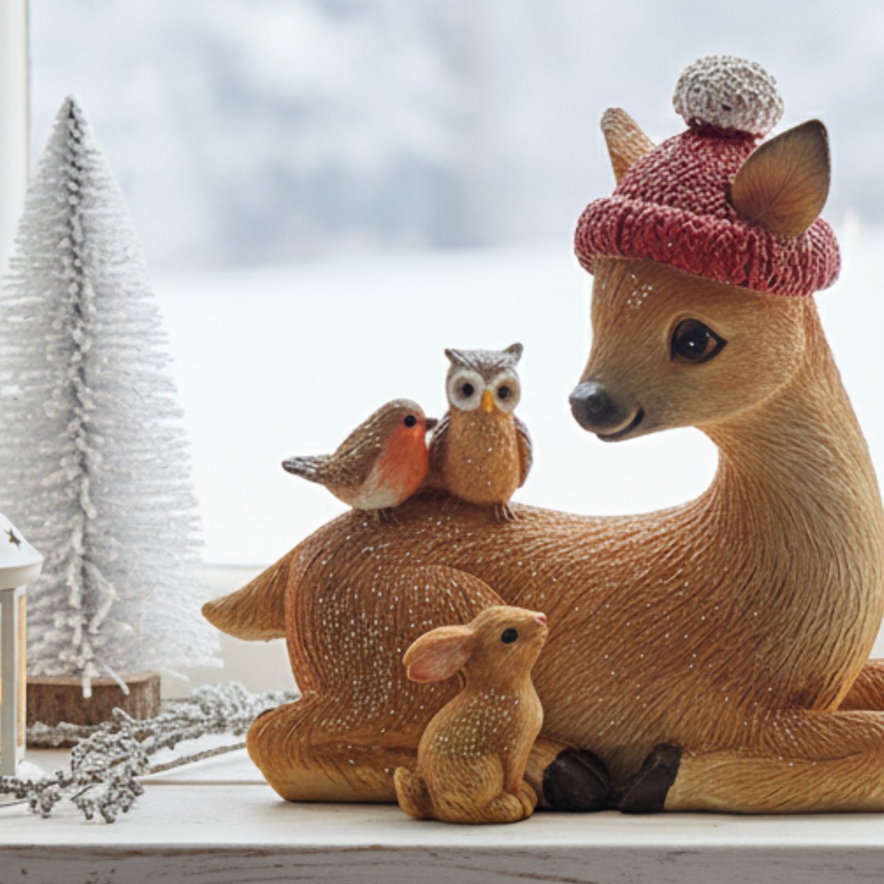 Reh liegend mit Glitzer aus Poly Braun (B/H/T) 10x10x5cm Figur, Hirsch, Wildtiere, Vogel, Hut