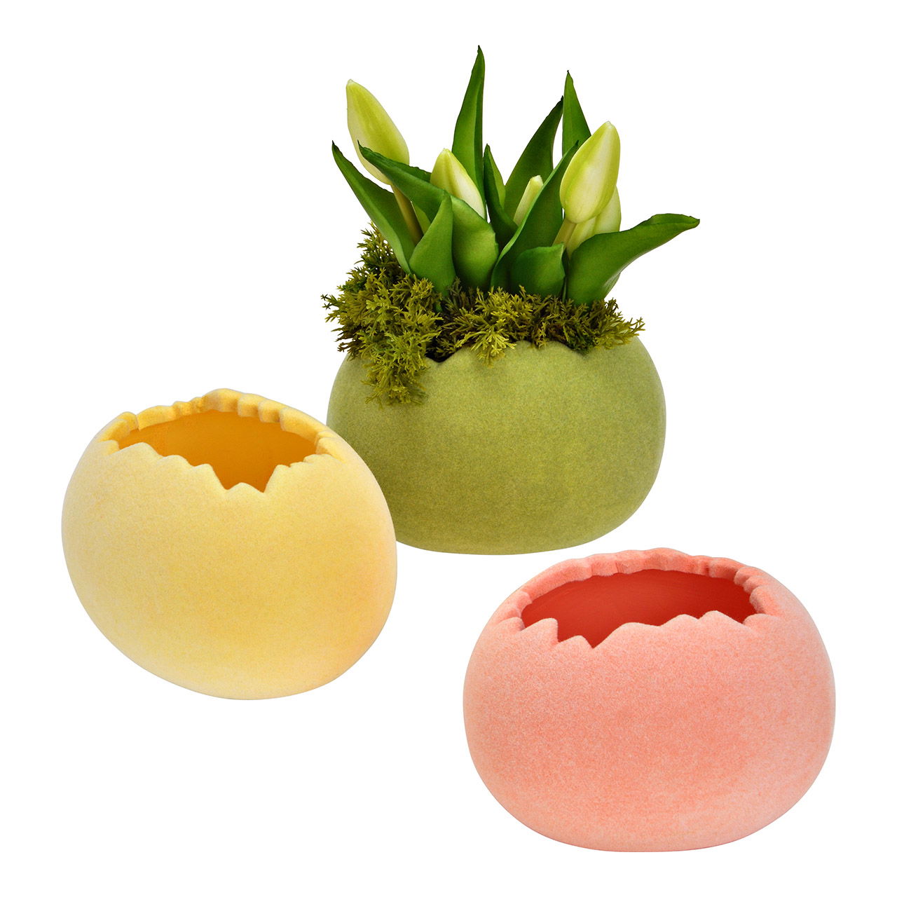 Coquille à oeufs floquée en céramique, 3 compartiments, jaune/rose/vert (L/H/P) 12x9x10cm Coquille à oeufs floquée en céramique, 3 compartiments, jaune/rose/vert (L/H/P) 12x9x10cm