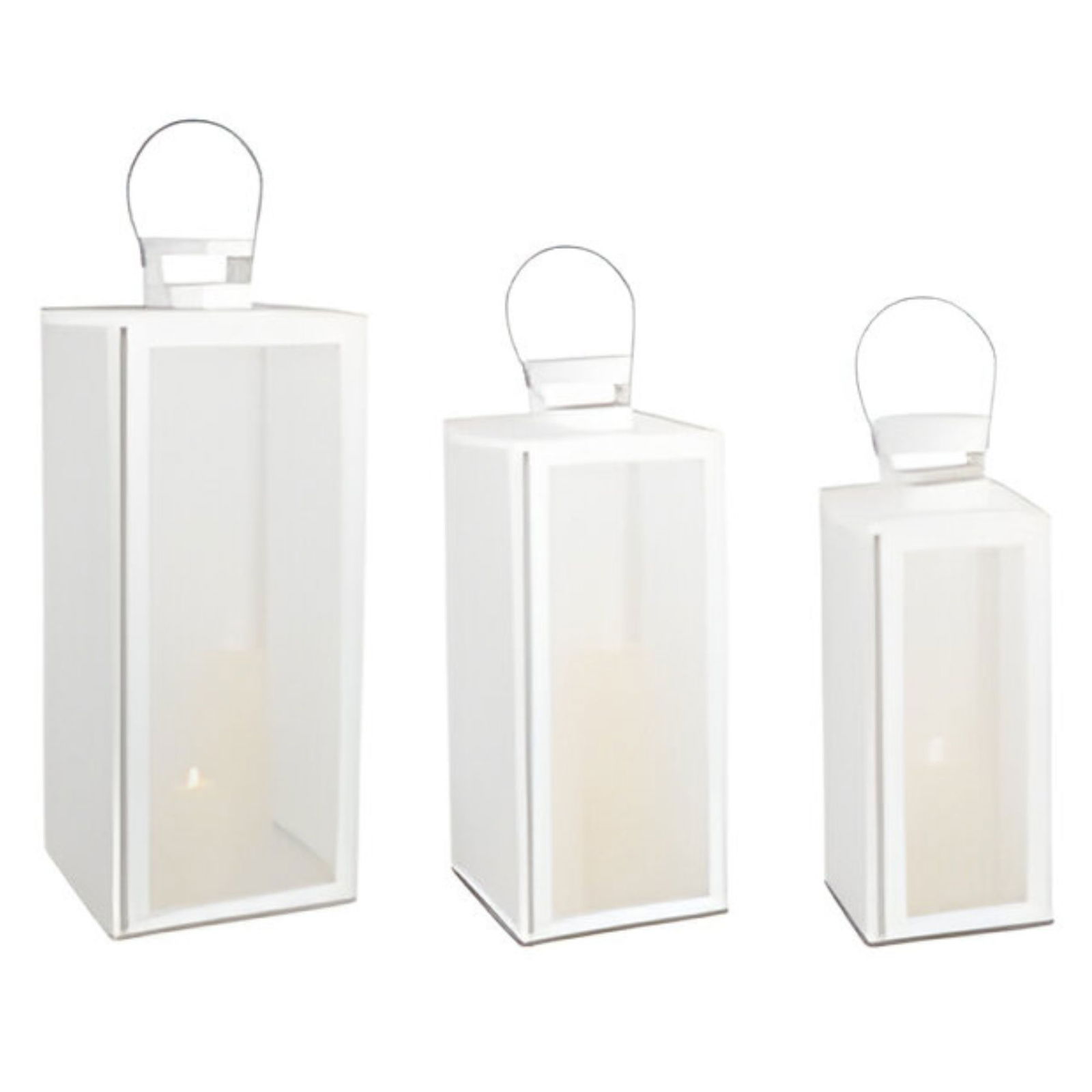 Lantern set, metal, 11.5x12.5x30/16.5x17.5x40/21x22x54cm, 3 pcs/set, white, EAN 11.5x12.5x30cm: 4065557001746 / EAN 16.5x17.5x40cm: 4065557001753 / EAN 21x22x54cm: 4065557001760 Lampe, Laterne, Lampe, Laterne, Flasche, Kosmetik, Parfüm