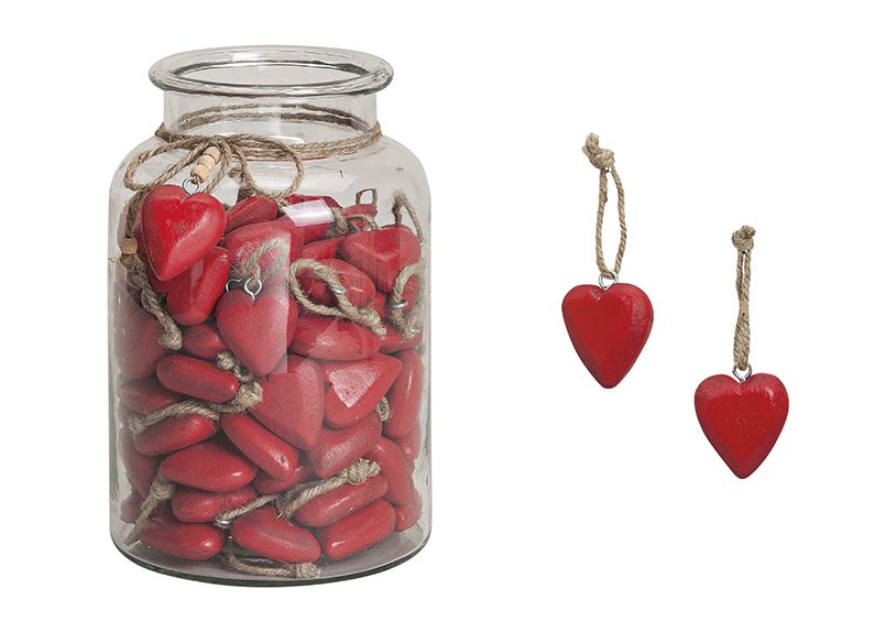 Hanger red heart wood 5cm} in glass pot