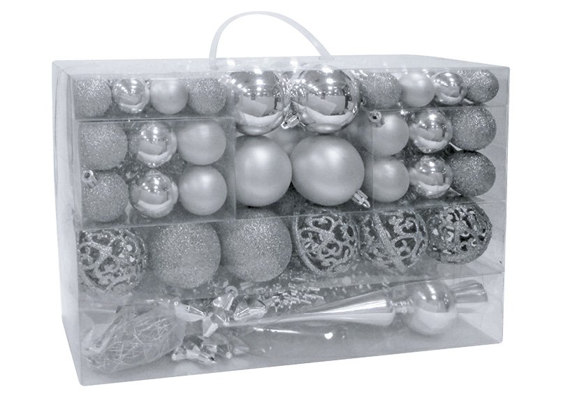 Juego de bolas de Navidad de plástico, plateadas Juego de 111, (A/H/D) 36x23x12cm Ø 3/4/6 cm