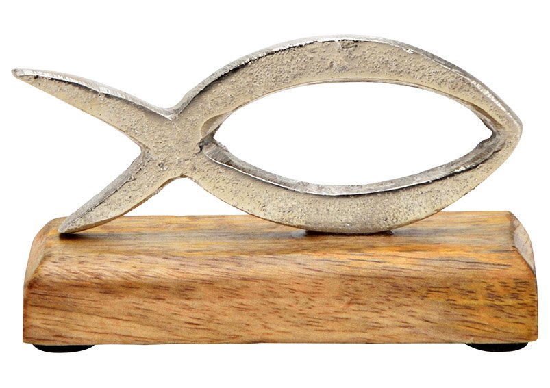 Espositore pesce cristiano su base di legno di mango di metallo argento (w/h/d) 13x7x5cm