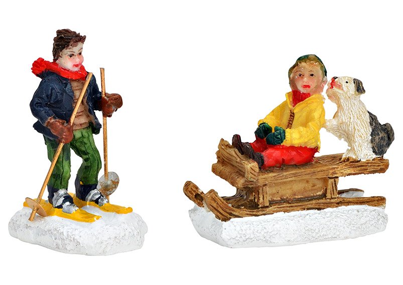 Miniature figure child on sledge, skis, made of poly colorful 2-fold, (W/H/D) 2x5x3cm 2x4x4cm