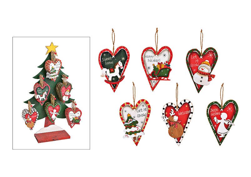 Weihnachtshänger Herz Weihnachtsmotiv 48 Stk. auf Baum Display aus Holz Bunt 6-fach (B/H/T) 10x14x0.5 cm