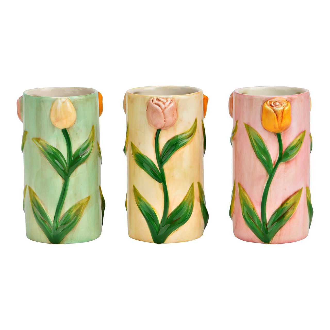 Vase en céramique, fleurs, triple, beige/rose/vert (L/H/P) 7x13x7cm Pokal, Töpferei, Kunst, Porzellan