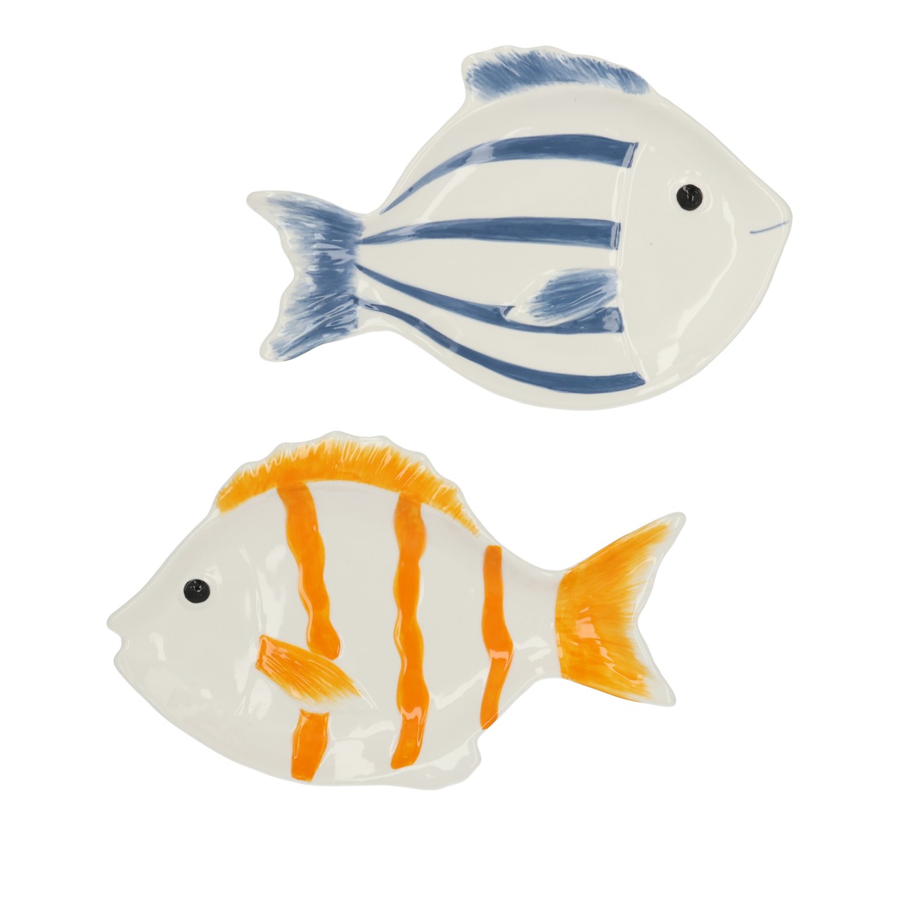 Deko Teller Fisch aus Porzellan Orange 2-fach sortiert Blau;Gelb (B/H/T) 19x2x12cm Fischteller, fischförmiger Teller, blaue Streifen, orange Streifen, Keramikplatte