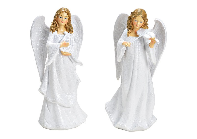 Angel with instrument made of poly White 2-fold, (W/H/D) 9x18x7cm