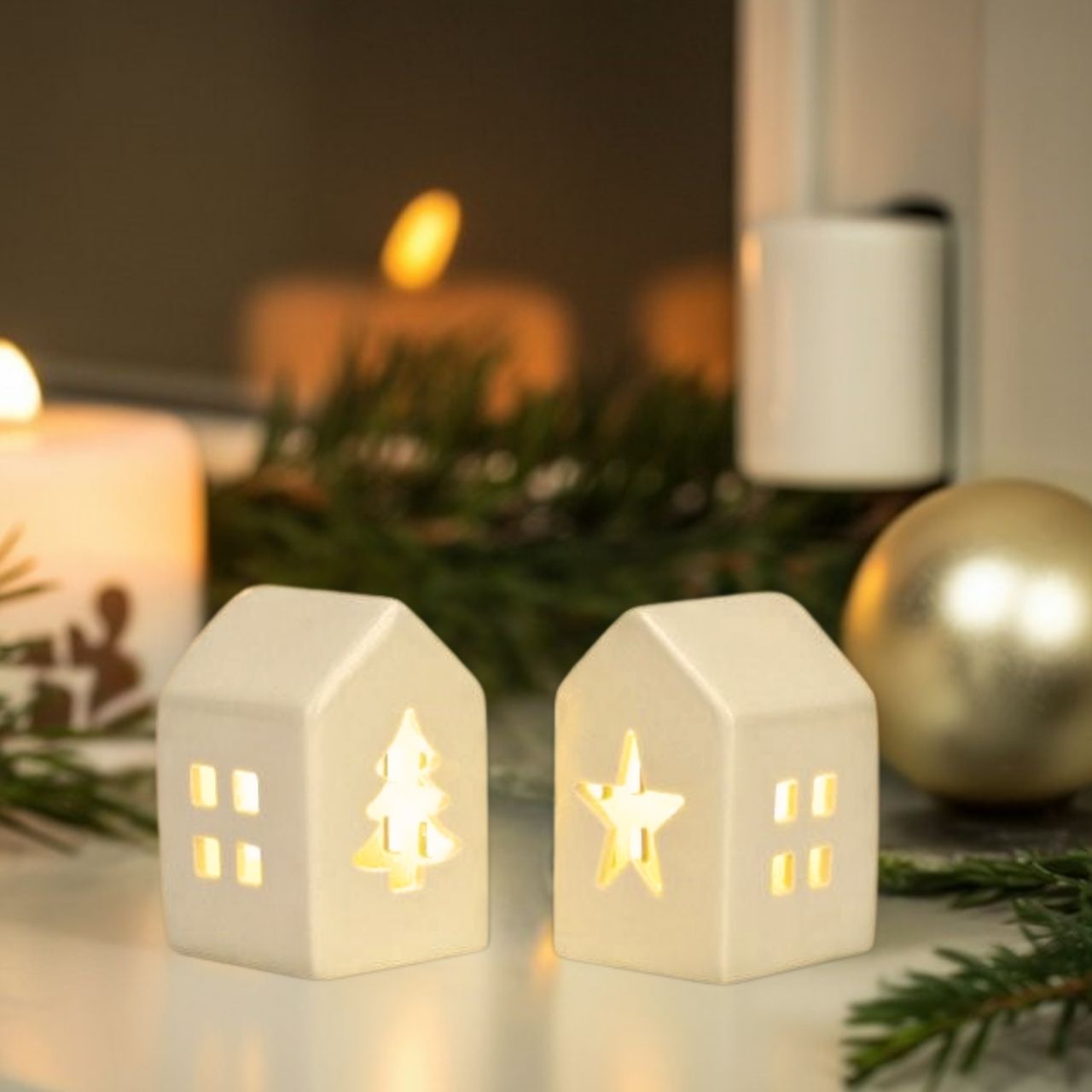 Weihnachtsdeko, Laternen, Kerzenlicht, Miniaturhäuser, Weihnachtsfenster