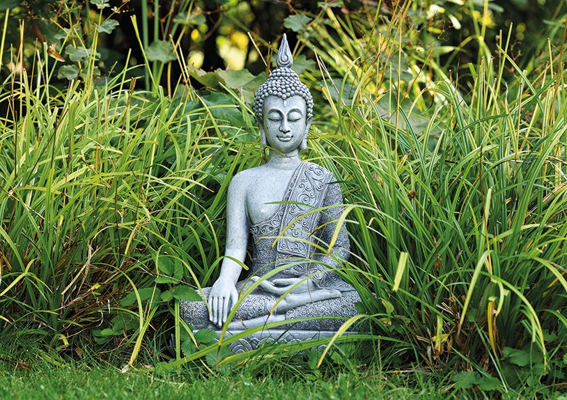 Bouddha assis sur un socle gris en poly, 39 cm