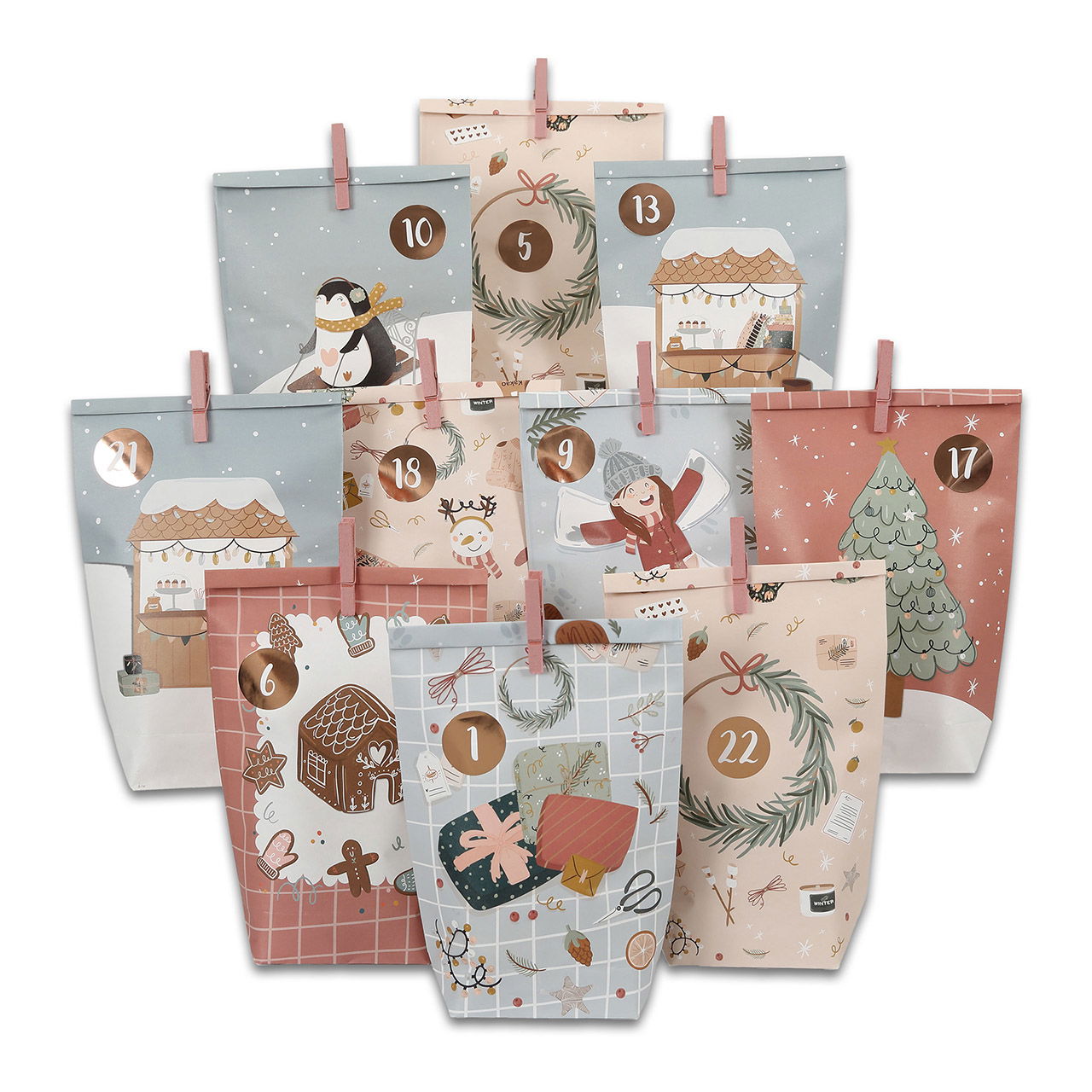 Adventskalender knutselset, kerstuitdaging, 24 dubbelzijdig bedrukte papieren zakjes 14x22cm, 24 houten clips 4,5cm, 24 cijferstickers 72-delige set, gemaakt van papier/karton, kleurrijk (B/H/D) 24x34x1cm